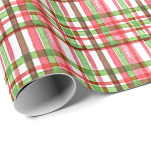 Papel De Presente Xadrez de Natal Vermelho e Verde em Aquarela