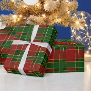 Papel De Presente Xadrez de Natal Vermelho, Verde e Dourado Elegante