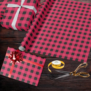Papel De Presente Xadrez de Plaid Buffalo Preto e Vermelho com Padrã