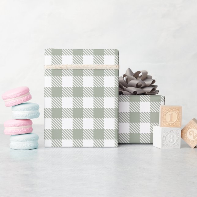 Papel De Presente Xadrez de Plaid de Búfalo Verde Salvia País  (Chá de bebê)