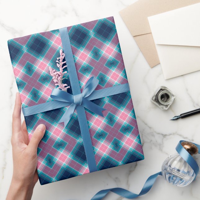 Papel De Presente Xadrez de tartã rosa-azul escuro Padrão Gingham (Presentear)