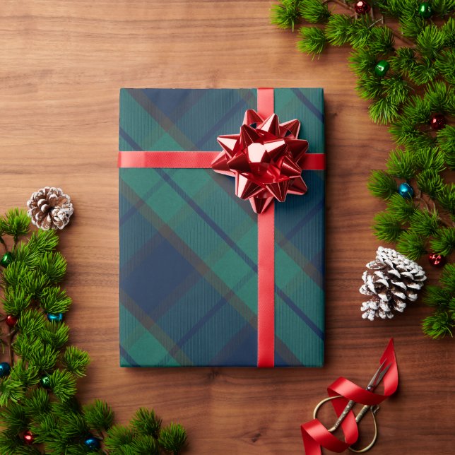 Papel De Presente Xadrez de Tartan preto azul clássico verde (Presente de Natal)
