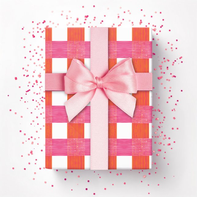 Papel De Presente Xadrez de Tecido em Rosa e Laranja (Criador carregado)