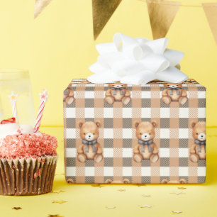 Papel De Presente Xadrez de Urso Teddy Neutro Doce