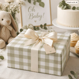 Papel De Presente Xadrez de Verde Salvia e Branco