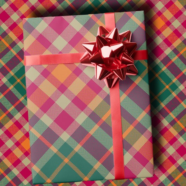Papel De Presente Xadrez Diagonal Moderno Verde Esmeralda Fuchsia Ou (Criador carregado)