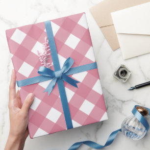 Papel De Presente Xadrez diagonal rosa e branco de búfalo