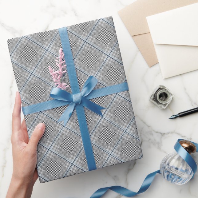 Papel De Presente Xadrez Escocês Azul Cinza Preto Chique (Presentear)