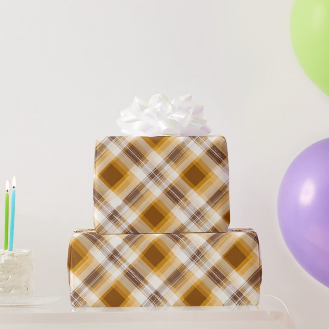 Papel De Presente Xadrez Escocês de Tonalidade Marrom Mostarda Quent (Presentes para festas)