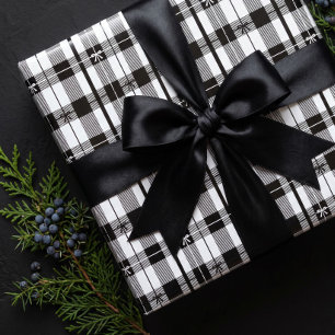 Papel De Presente Xadrez Escocês Moderno Preto e Branco Bold com Laç