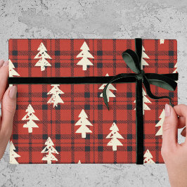 Papel De Presente Xadrez Escocês Vermelho Clássico Árvores de Natal