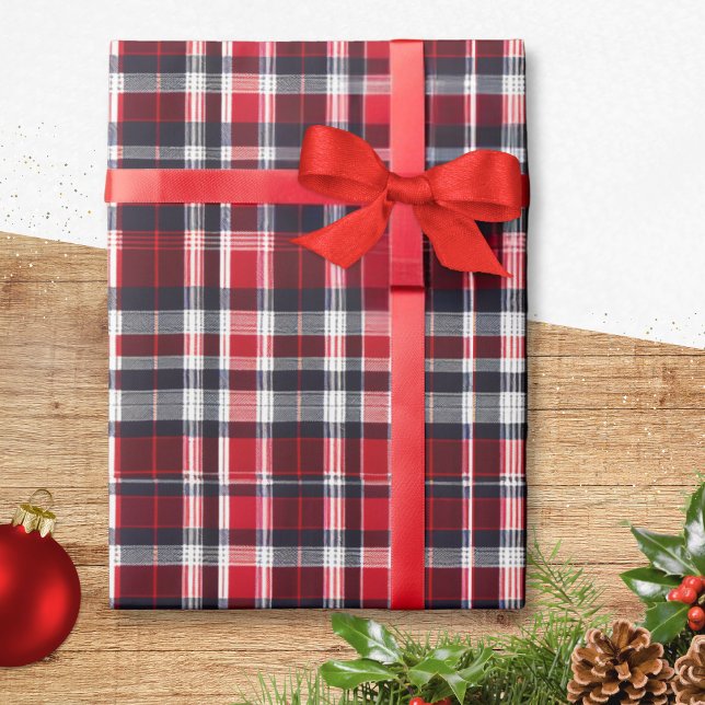 Papel De Presente Xadrez Escocês Vermelho Estilo Natalino (Elegant gift wrapping paper with a tartan plaid pattern in red, white and blue-black)