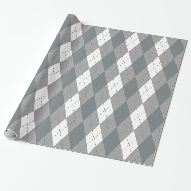 Papel De Presente Xadrez Escuro Cinza Branco XL Argyle (Desenrolado)