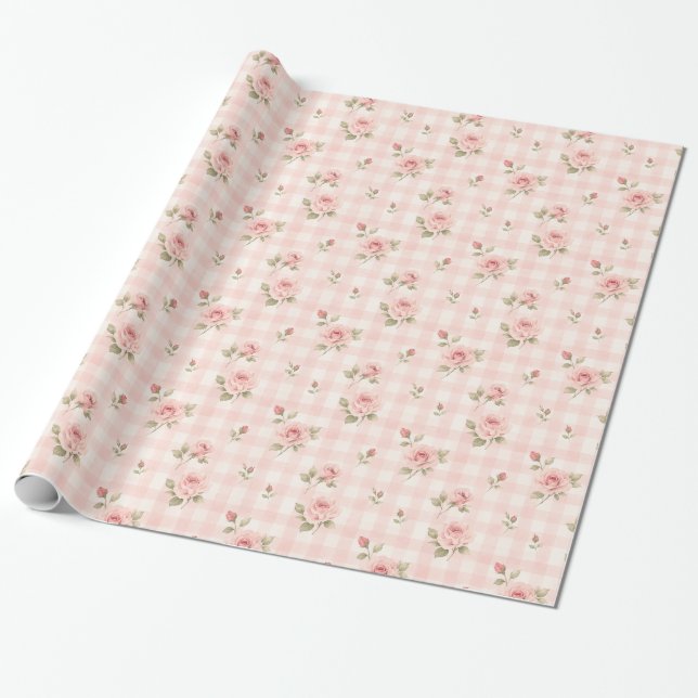Papel de Presente Xadrez Floral Aquarela Rosa (Desenrolado)