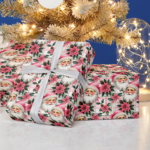 Papel De Presente Xadrez Floral de Natal do Pai Natal cor-de-rosa