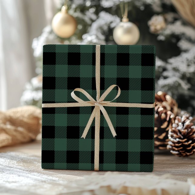 Papel De Presente Xadrez Gingham Clássico Verde Preto de Búfalo (Criador carregado)