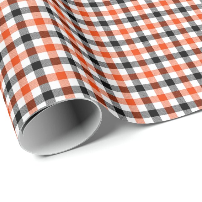 Papel De Presente Xadrez Gingham Laranja Preto e Branco (Ponta do rolo)