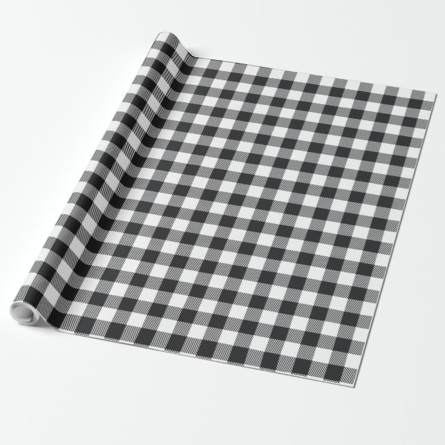Papel De Presente Xadrez Gingham Preto Branco Rústico Moderno (Desenrolado)