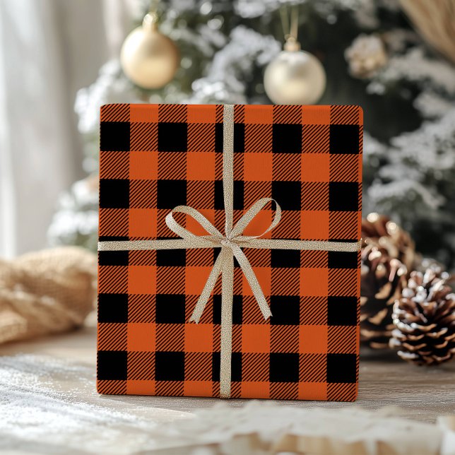Papel De Presente Xadrez Laranja Preto Búfalo Plaid Gingham Clássico (Criador carregado)