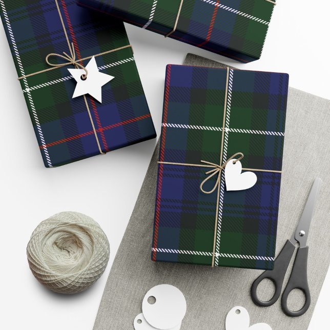 Papel De Presente Xadrez Natal Verde Elegante Russo Tartan (Green Blue Check Rustic Tartan  Wrapping Paper)