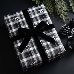 Papel De Presente Xadrez Natalino Clássico Preto e Branco com Laço