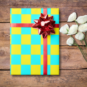 Papel De Presente Xadrez Neon Ciano Amarelo Xadrez Vintage