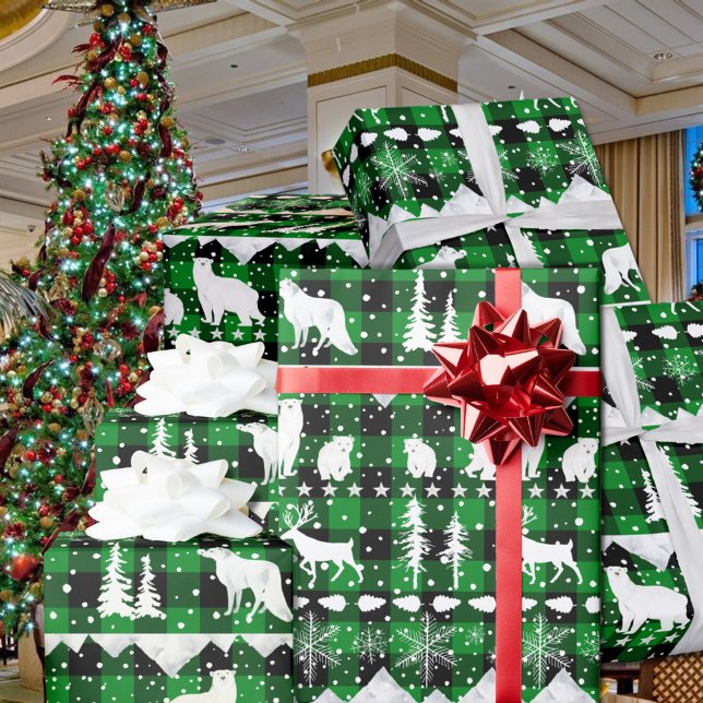 Papel De Presente Xadrez Nórdica de Buffalo Verde (Nordic Sweater Green Black Buffalo Plaid White Winter Animals Christmas Holiday Wrapping Paper Rolls)