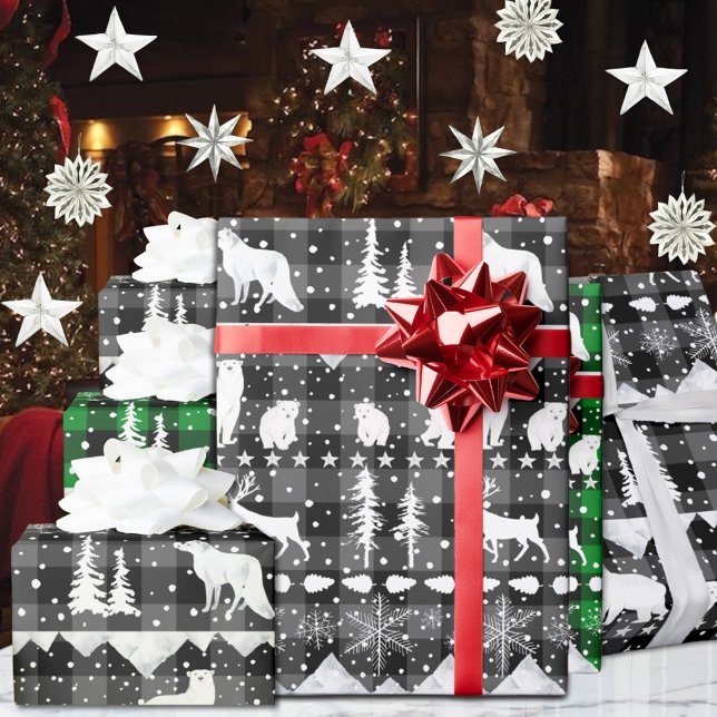 Papel De Presente Xadrez Nórdica de Cinzas Sueco (Nordic Sweater Gray Black Buffalo Plaid White Winter Animals Christmas Holiday Wrapping Paper Rolls)