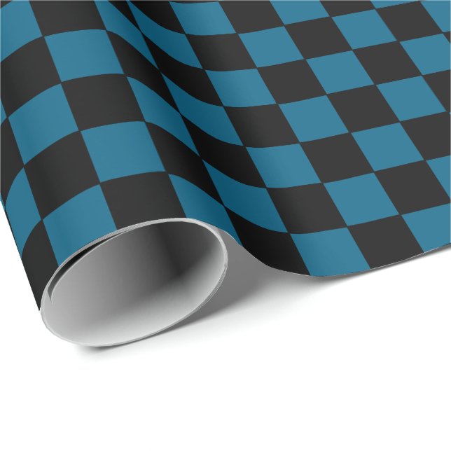 Papel De Presente Xadrez Oceano azul e Preto  (Ponta do rolo)