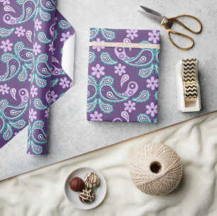 Papel De Presente Xadrez Paisley Roxo e Azul Shabby Chic