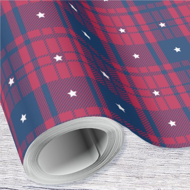 Papel De Presente Xadrez Patriótica com Stars-Red-White-Blue (Patriotic Plaid with Stars-Red-White-Blue Wrapping Paper Rolls by Leapfroglisics Shop)