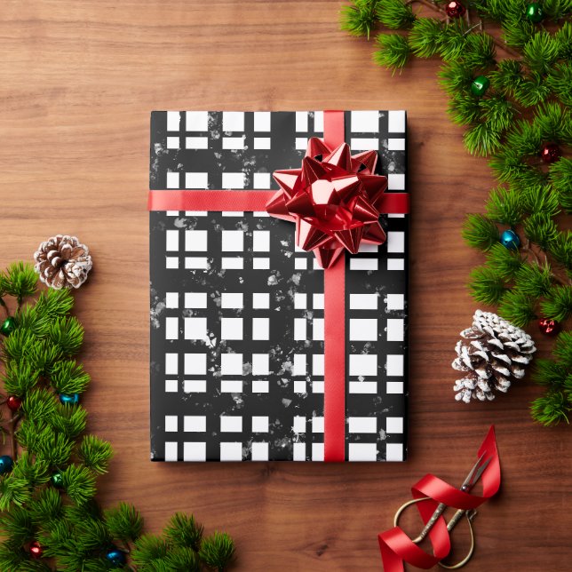 Papel De Presente Xadrez Preta e Branca com Splatter de Tinta (Presente de Natal)