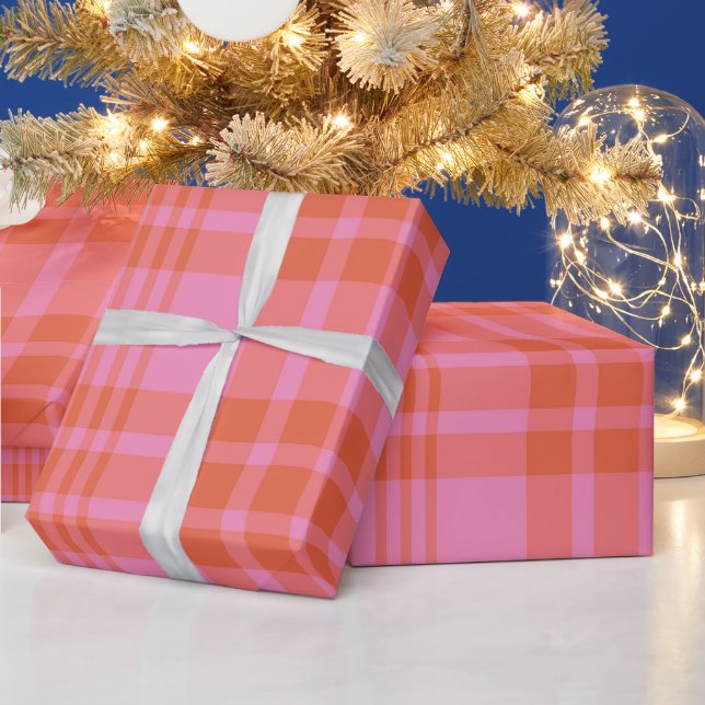 Papel De Presente Xadrez Quadriculado Laranja Rosa (Feriados)