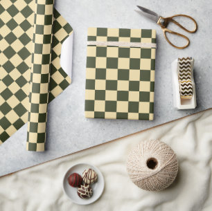 Papel De Presente Xadrez Retro em Verde Oliva e Creme