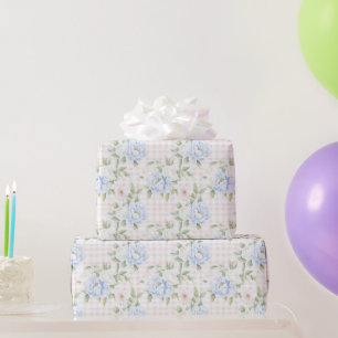 Papel De Presente Xadrez Rosa Bege Azul Floral Aniversário