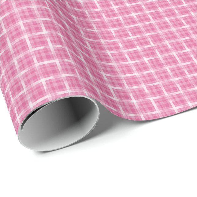 Papel De Presente Xadrez Rosa Framboesa Pintado (Ponta do rolo)