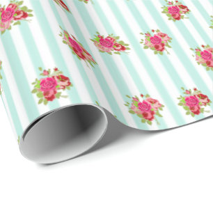 Papel de Presente Xadrez Rosas Floral Chic Turques