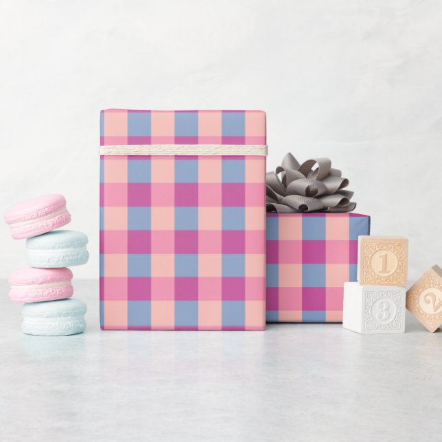 Papel De Presente Xadrez Salmão, Azul Periwinkle e Magenta (Chá de bebê)