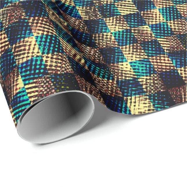 Papel De Presente Xadrez sujo e efeito arranhado, azul e amarelo (Ponta do rolo)