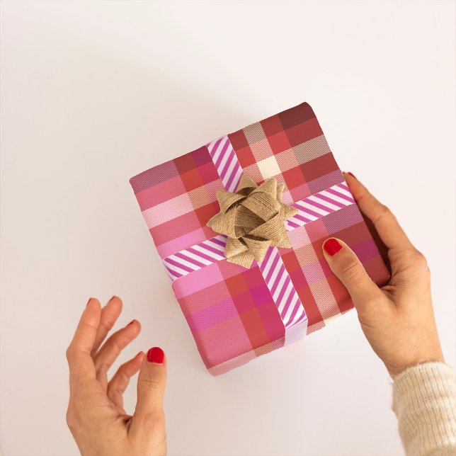 Papel De Presente Xadrez Tartan Modern Natal rosa quente, salmão (Criador carregado)