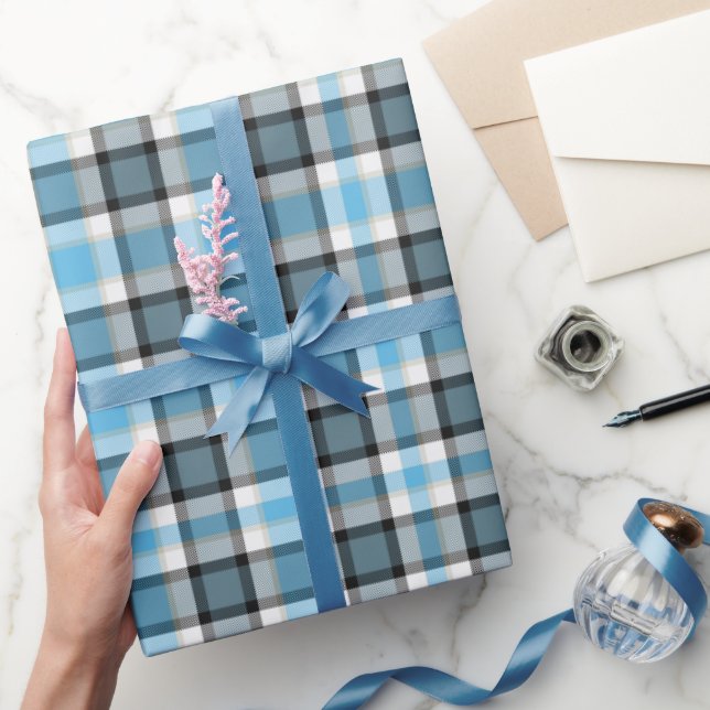 Papel De Presente Xadrez Tartan - Padrão Branco Azul (Presentear)