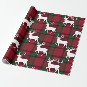 Papel De Presente Xadrez Tartan & Rena branca de Natal
