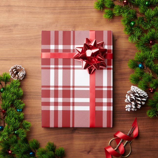 Papel De Presente Xadrez Tartan Vermelho Feriado Branco Festivo Nata (Presente de Natal)