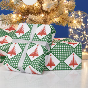 Papel De Presente Xadrez verde de Natal com árvore vermelha