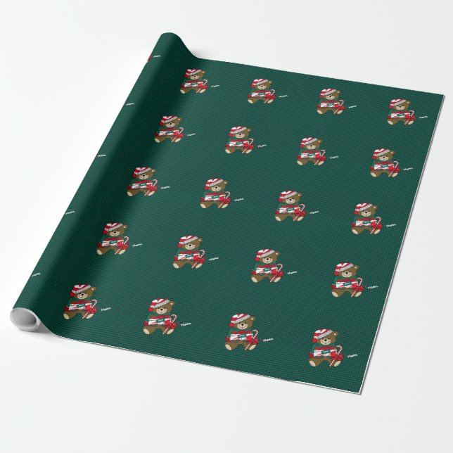 Papel De Presente Xadrez Verde de Natal - Urso de Teddy Personalizad (Desenrolado)