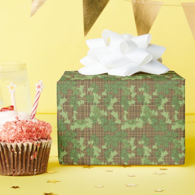 Papel De Presente Xadrez Verde, Marrom e Dourado com Hera (Festa de aniversário)