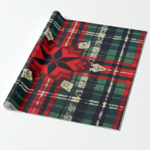 Papel De Presente Xadrez Verde, Vermelho e Bege Festivo com Centro d
