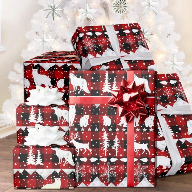 Papel De Presente Xadrez Vermelha Branca, Nórdica, Animais de invern (Nordic Sweater Red Black Buffalo Plaid White Winter Animals Christmas Holiday Wrapping Paper Rolls)