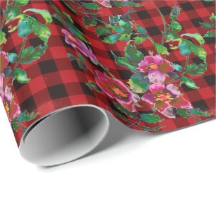 Papel De Presente Xadrez vermelho e preto rústico com detalhe de ros