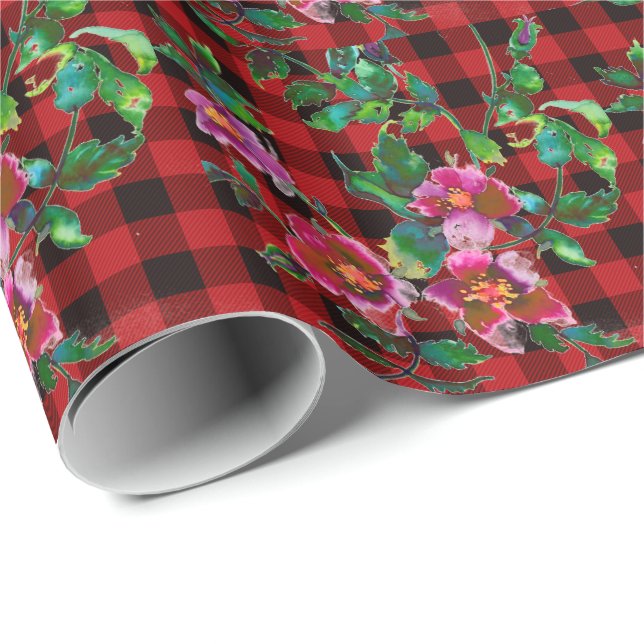 Papel De Presente Xadrez vermelho e preto rústico com detalhe de ros (Ponta do rolo)